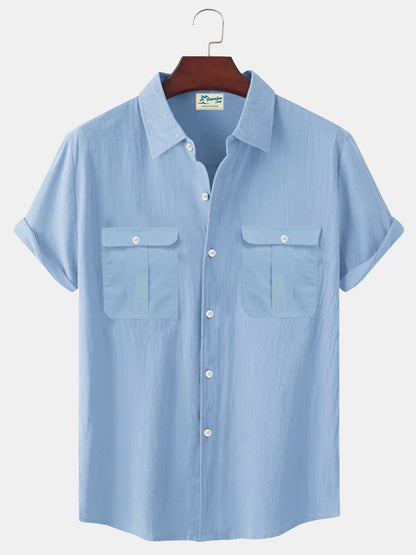 Solid Color Patchwork Linen Cardigan Short Sleeve Loose Lapels Men's Shirt Sky Blue GlamzKart