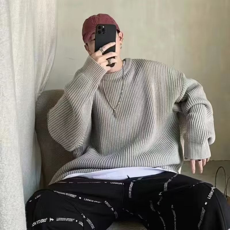 Loose Casual Retro Trendy Underwear Crew Neck Sweater Gray GlamzKart