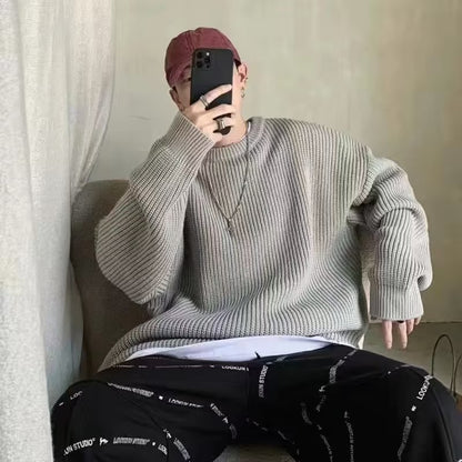 Loose Casual Retro Trendy Underwear Crew Neck Sweater Gray GlamzKart