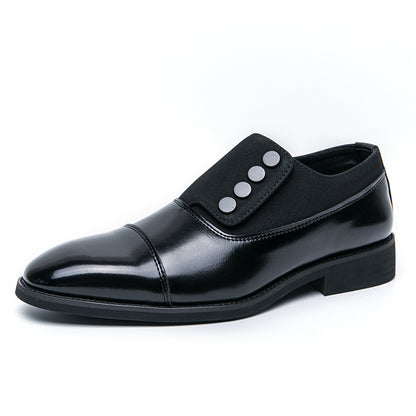 Low Top Pointed Round Toe Button Leather Shoes Men Slip-on Black GlamzKart