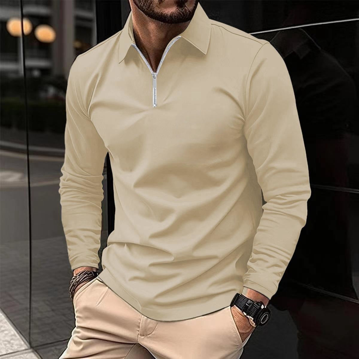 Zipper Men's Solid Color Long Sleeve Sports Polo Shirt Apricot GlamzKart