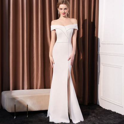 Women's Off-shoulder Slim-fit Elegant Ladies Banquet Dinner Long Fish Tail Skirt White GlamzKart