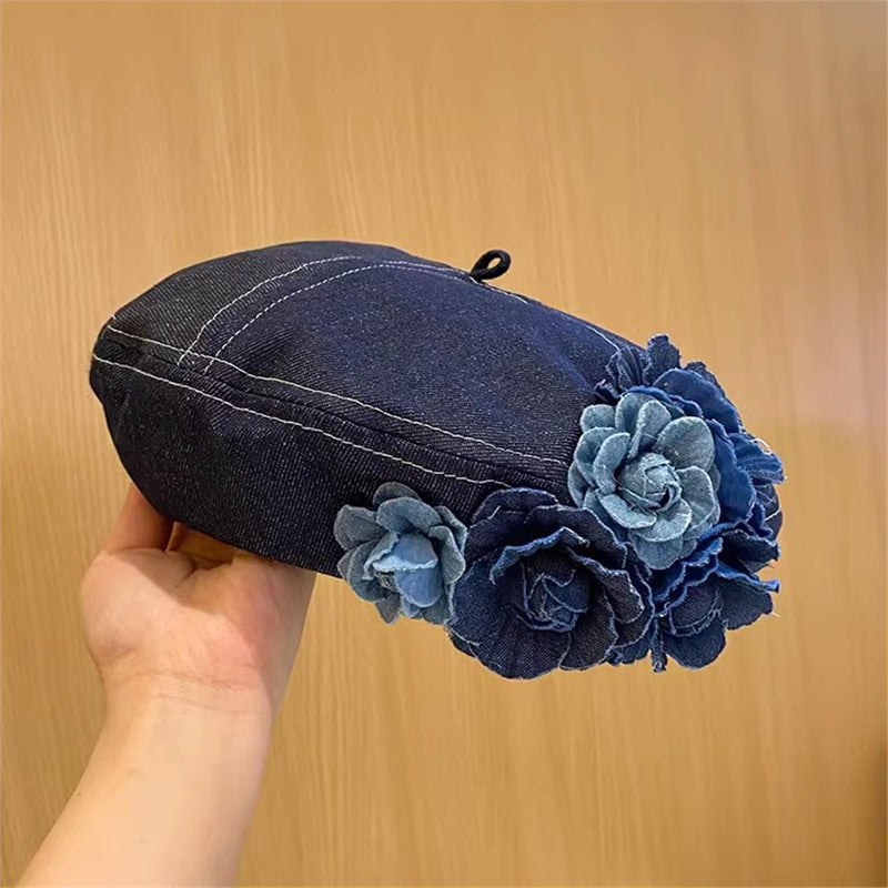 Japanese Minority Contrast Color Three-dimensional Flowers Denim Beret Navy Blue M GlamzKart