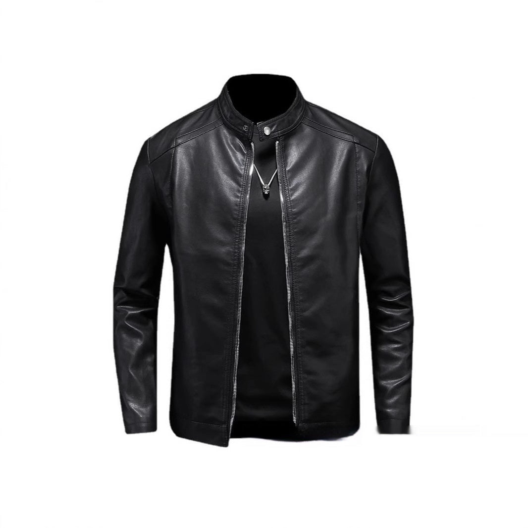 Spring And Autumn Men's Slim Leather Clothing With Stand Collar Jacket GlamzKart