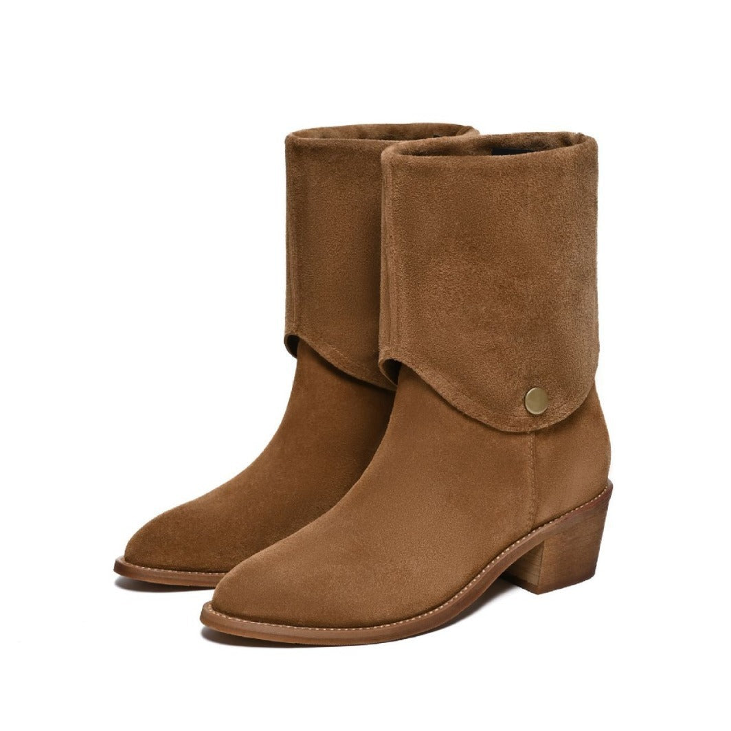 Matte Cowhide Western Denim Pointed-toe Short Tube Boots Fashion Boots Pile Style Boots All-matching Brown GlamzKart