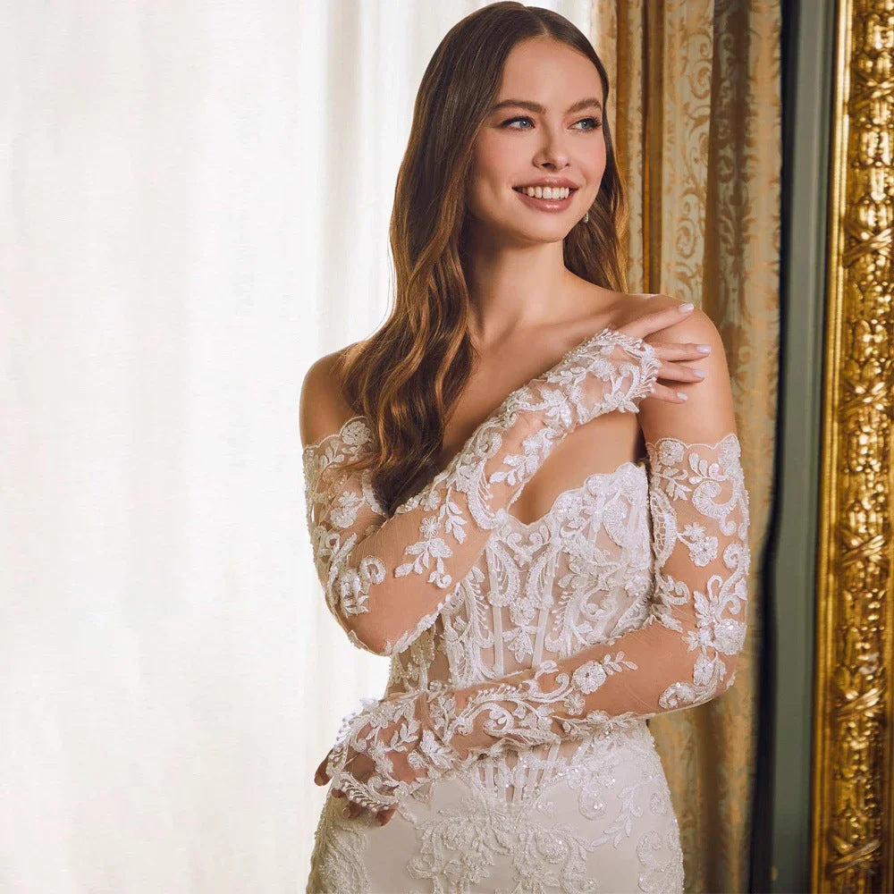 Off-shoulder Lace Long Sleeve Fishtail Gown GlamzKart