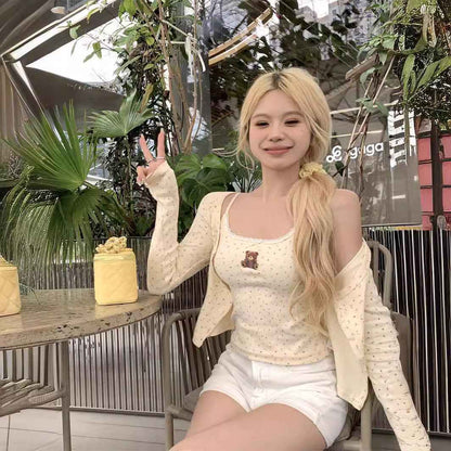 Cute Bear Printed Camisole Women's Lace Cardigan