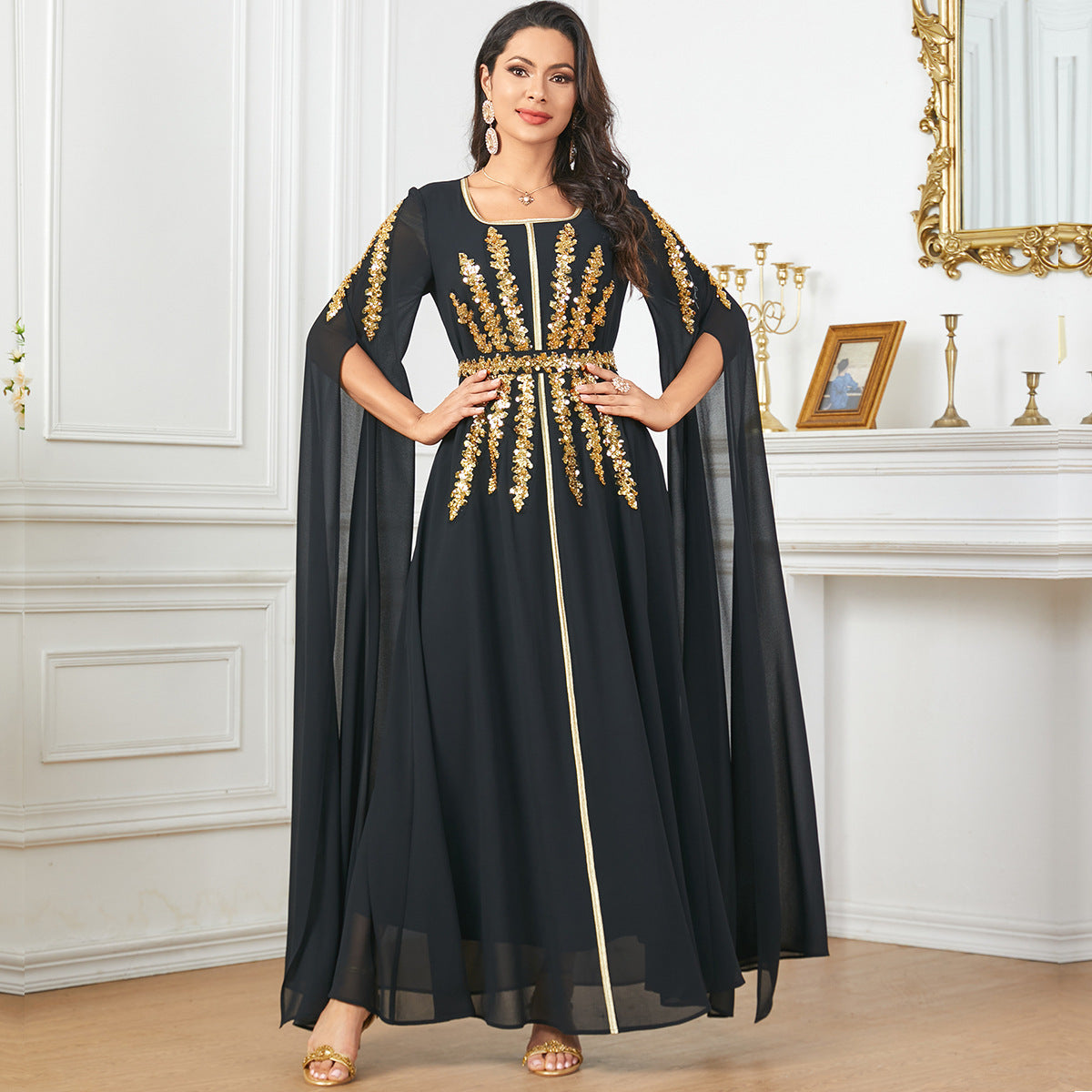 Arab Women's Robe Super Long Sleeve Muslim Dress Black GlamzKart