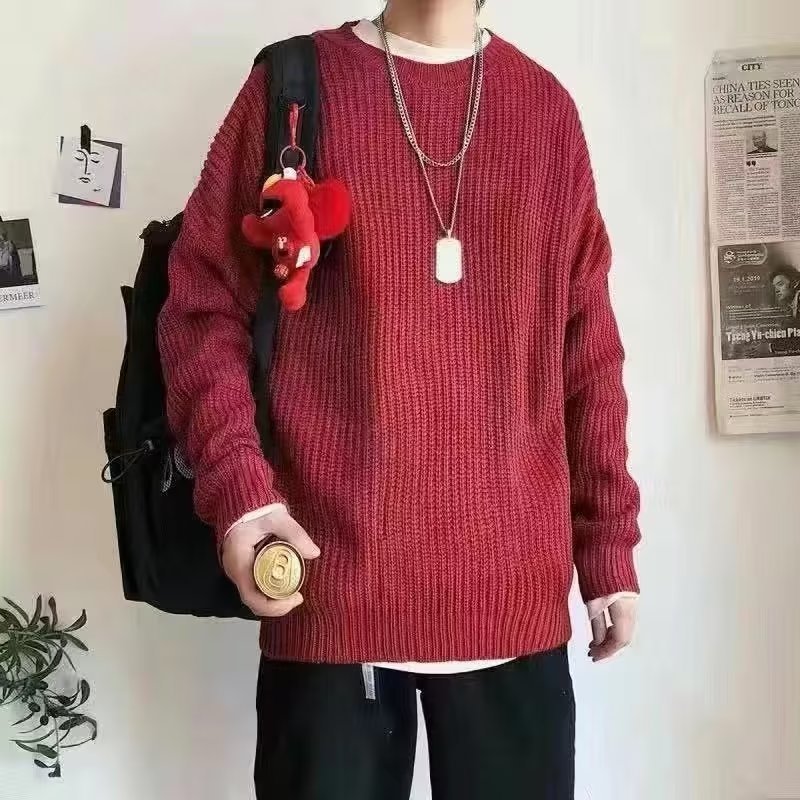 Loose Casual Retro Trendy Underwear Crew Neck Sweater Purplish Red GlamzKart