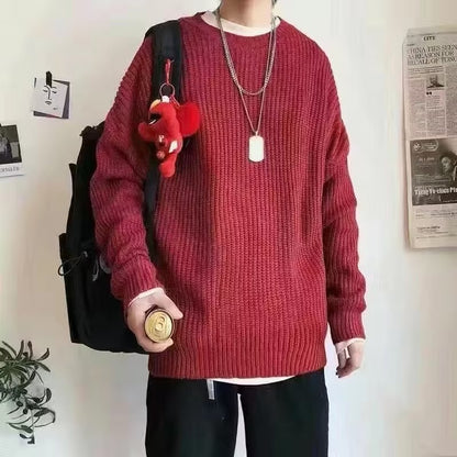 Loose Casual Retro Trendy Underwear Crew Neck Sweater Purplish Red GlamzKart