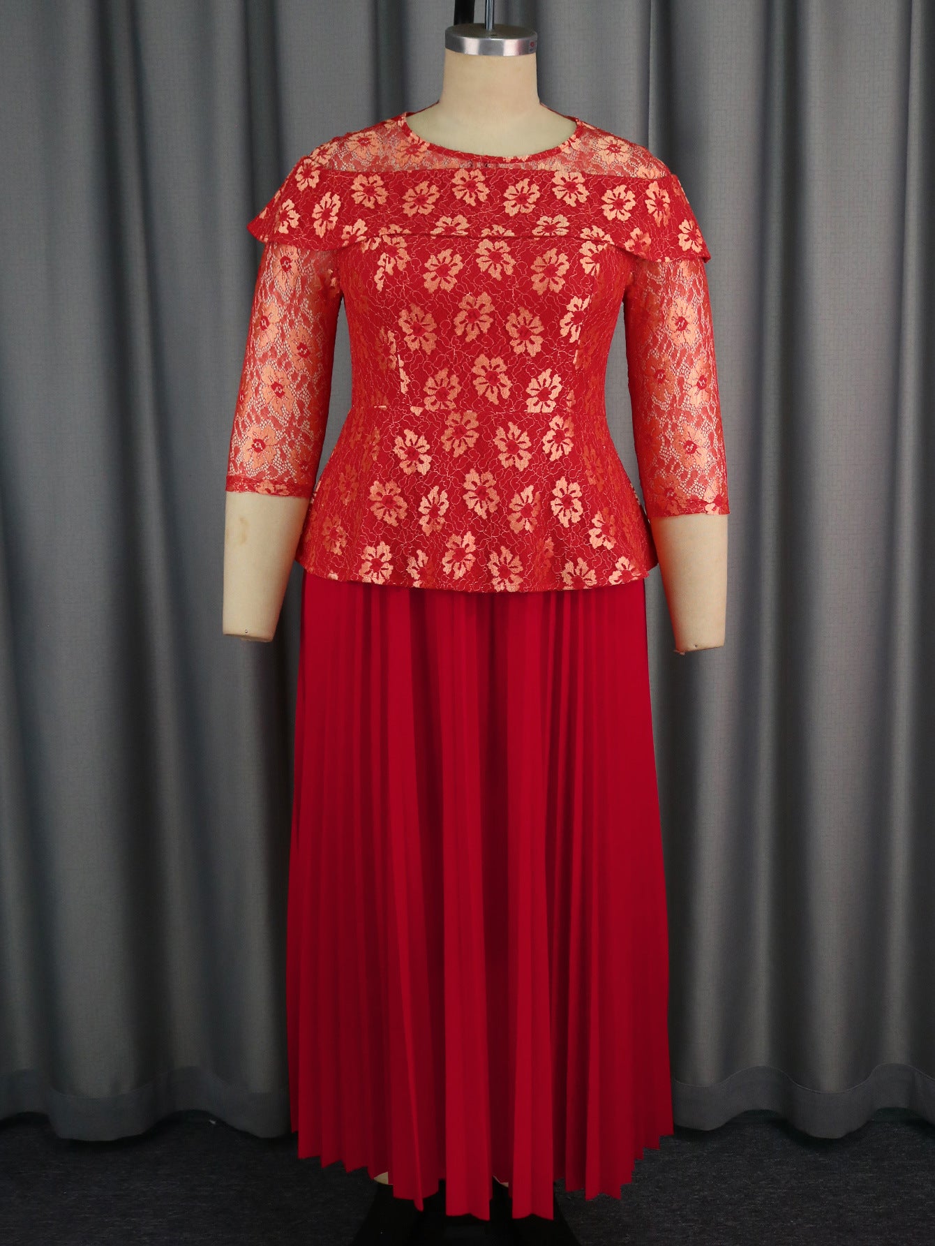 Women's Solid Color Versatile Lace Long Sleeved Pleated Skirt Red GlamzKart