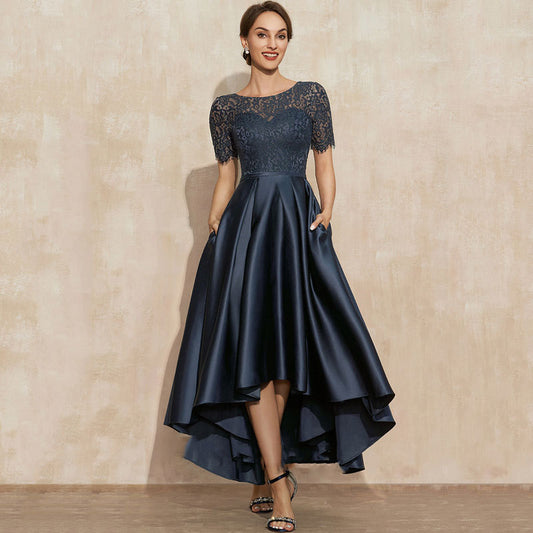 Navy Blue Satin Ball Lace Short Sleeve Dress GlamzKart