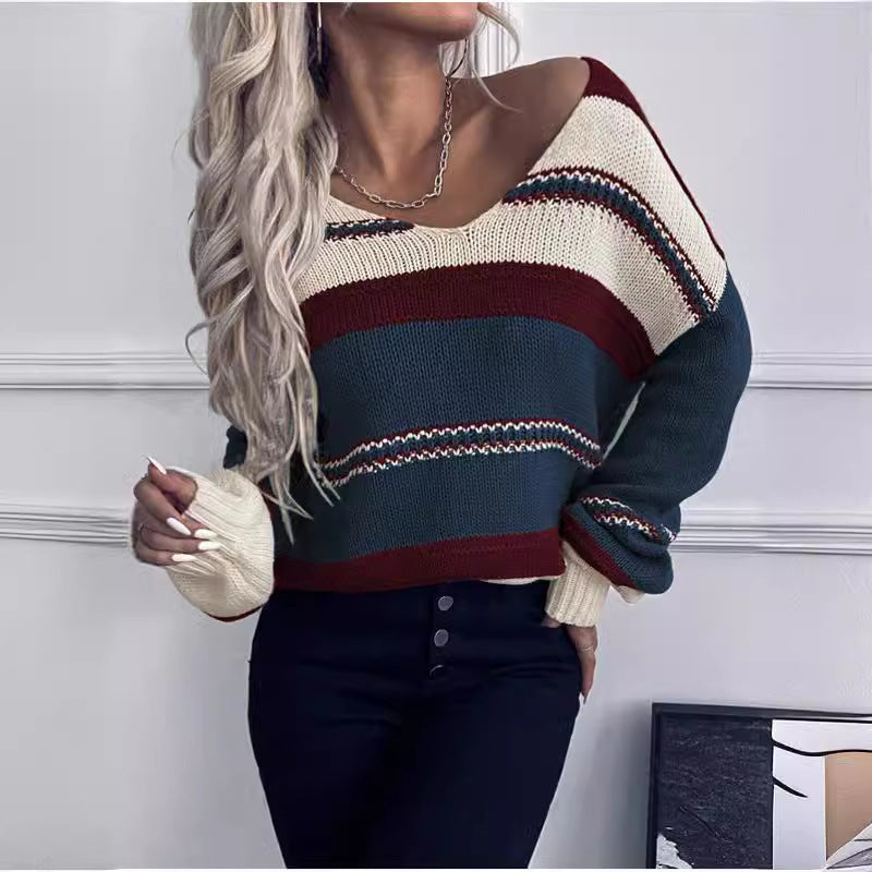 Women's V-neck Casual Loose Contrast Color Striped Pullover GlamzKart