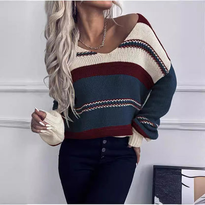 Women's V-neck Casual Loose Contrast Color Striped Pullover GlamzKart