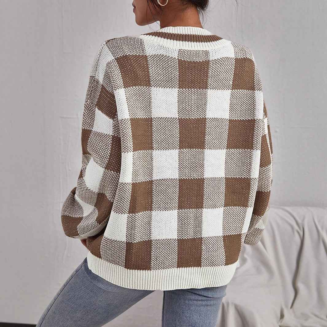 Color-contrast Check Sweater Pullover Loose