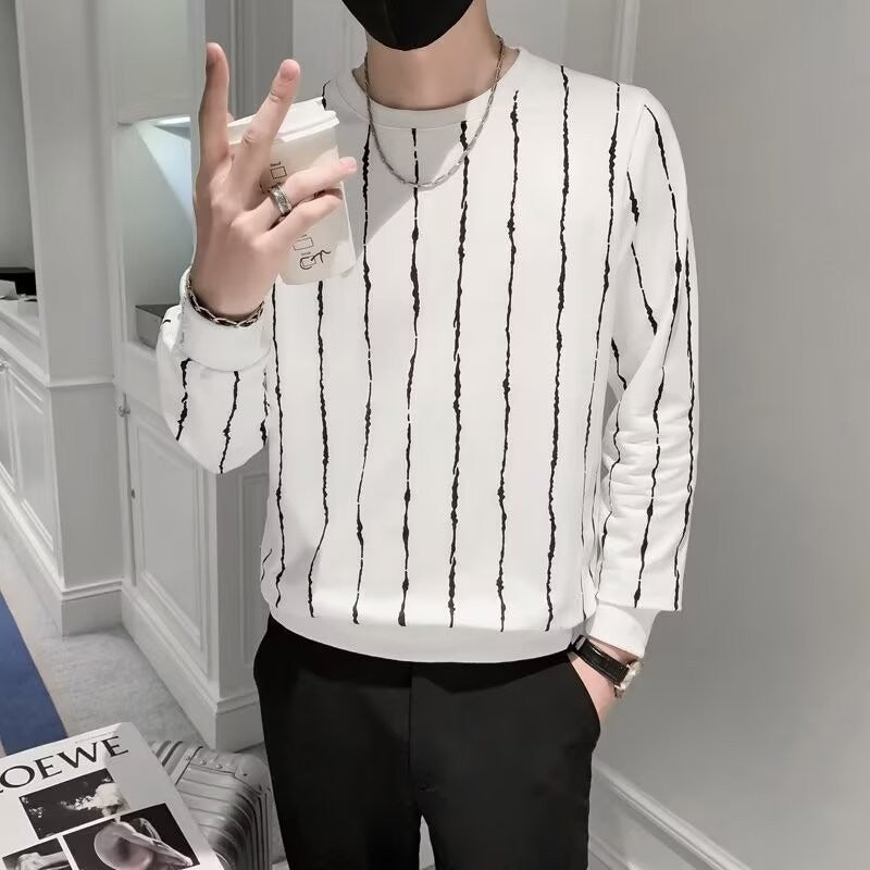 Niche Round Neck Slim-fit Striped Sweater For Men White GlamzKart