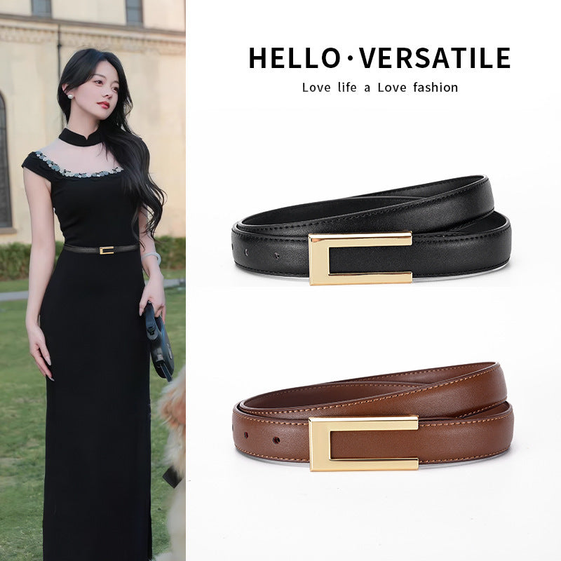 Cowhide Retro Black All-match Decorative Skirt Suit Jeans Leather Thin Belt GlamzKart