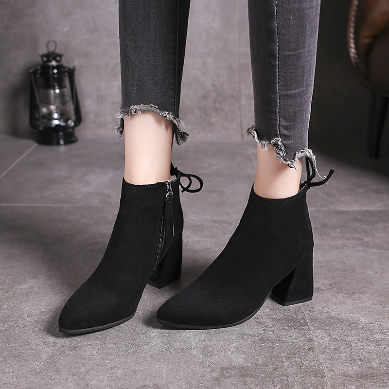 European And American Martin Boots Pointed High Heels Plus Size Women Black GlamzKart