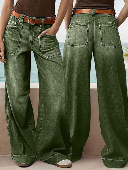 Loose Slimming Ladies Wide-leg Straight Pants Denim Ankle-length Pants Army Green GlamzKart