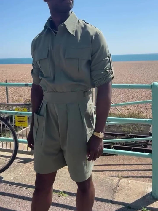 Army Green Long Sleeve Pocket Shirt & High Waist Shorts Set GlamzKart