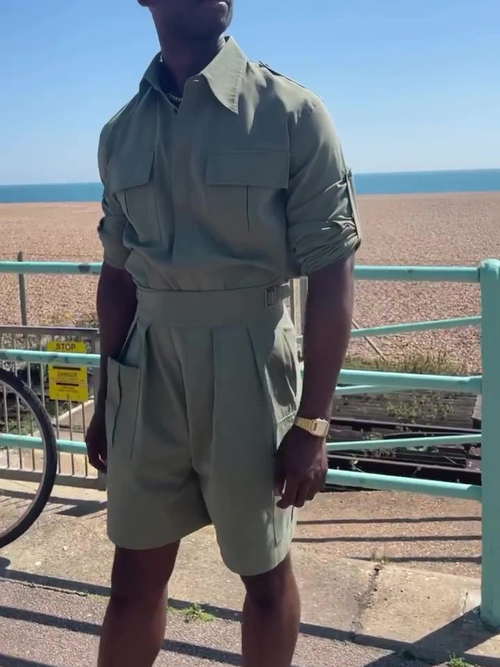Army Green Long Sleeve Pocket Shirt & High Waist Shorts Set Army Green GlamzKart
