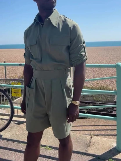 Army Green Long Sleeve Pocket Shirt & High Waist Shorts Set Army Green GlamzKart