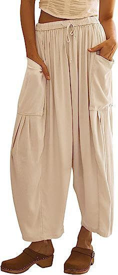 Stretched-waist Pleated High-waisted Wide-leg Loose Casual Cotton And Linen Long Pants Apricot GlamzKart