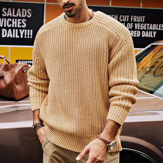 Men's Solid Color Long Sleeve Round Neck Fashion Sweater Loose Retro Sweater GlamzKart