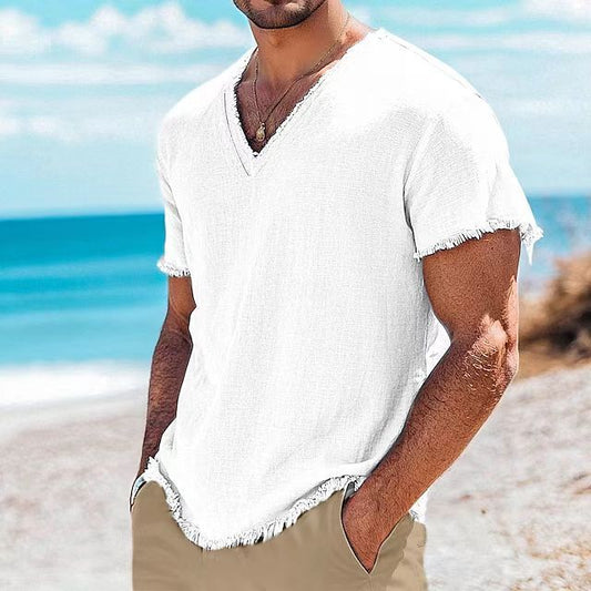 Men's Cotton And Linen Solid Color Short Sleeve GlamzKart