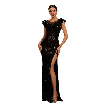 Sleeveless Round Neck Sequins Slim Fit Slit Evening Gown GlamzKart