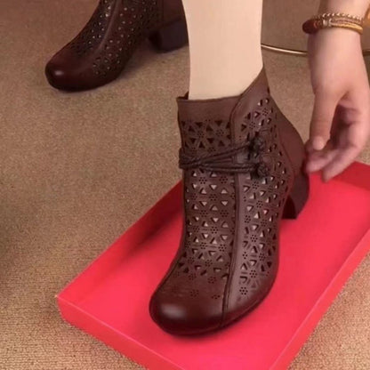 All-match Leather Mid-heel Comfortable Retro Closed Toe Chunky Heel Hollow Sandals Brown GlamzKart