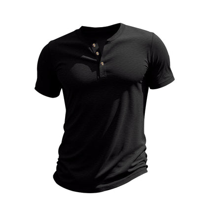 Muscle Bamboo Retro Henley Shirt Short Sleeve Black GlamzKart