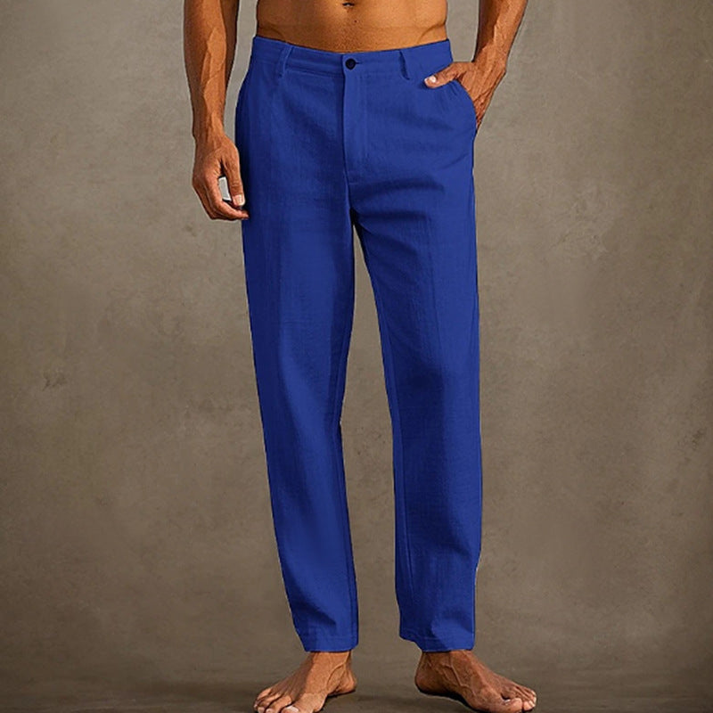 Men's Linen Beach Diagonal Pocket Cool Comfortable Breathable Skinny Pants Blue GlamzKart