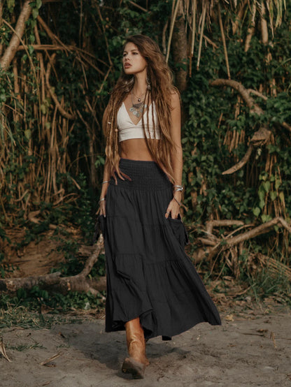 Casual Women Bohemian Loose Solid Skirt Black GlamzKart