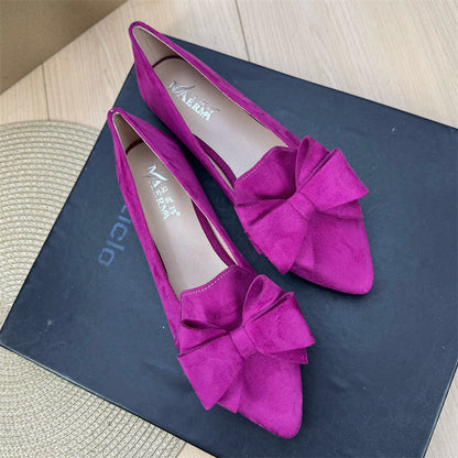 Women's Versatile Solid Color Bow Pointed Flat Shoes Deep Rose Red GlamzKart