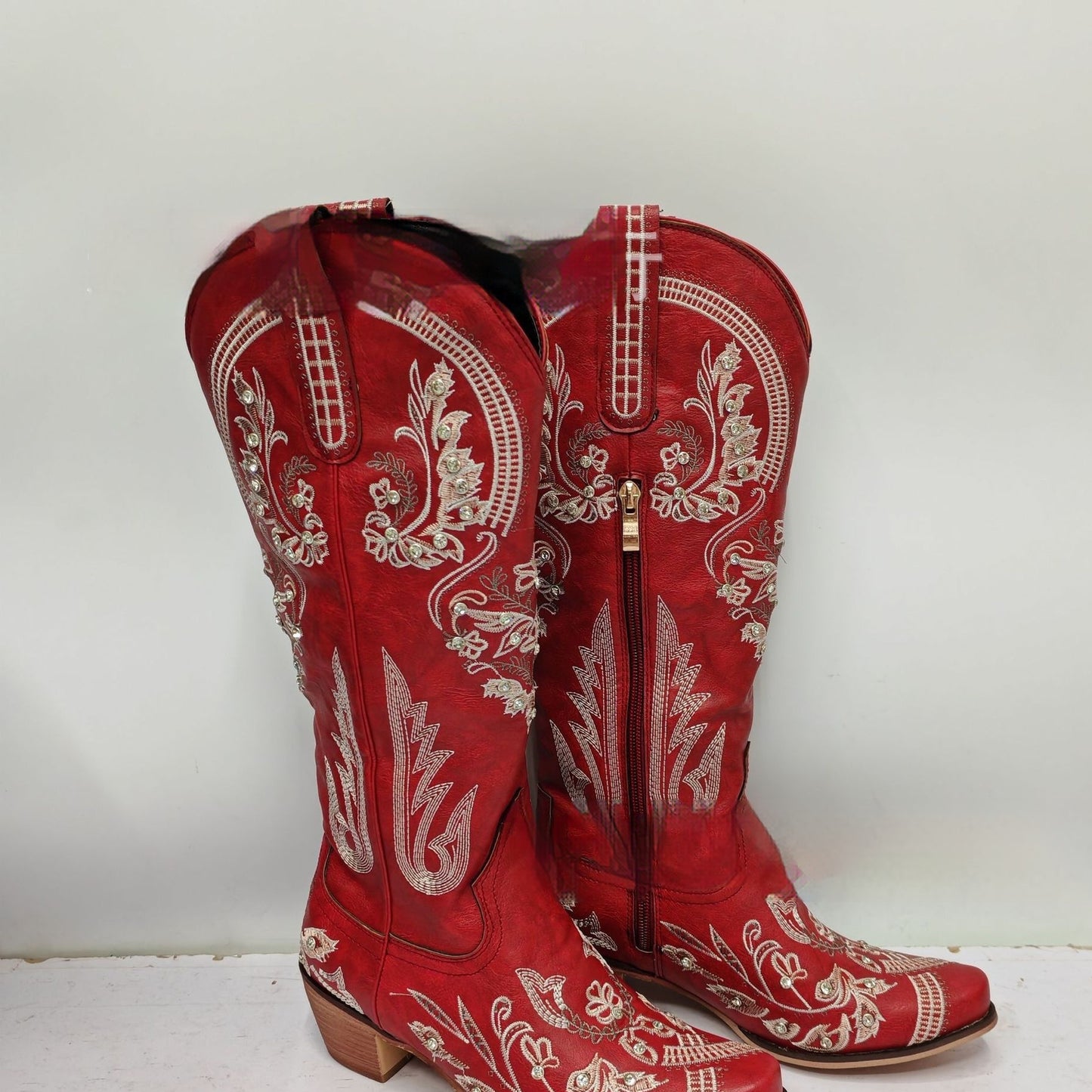 Embroidered Rhinestone Thick High Heel Side Zipper High-top Boots GlamzKart