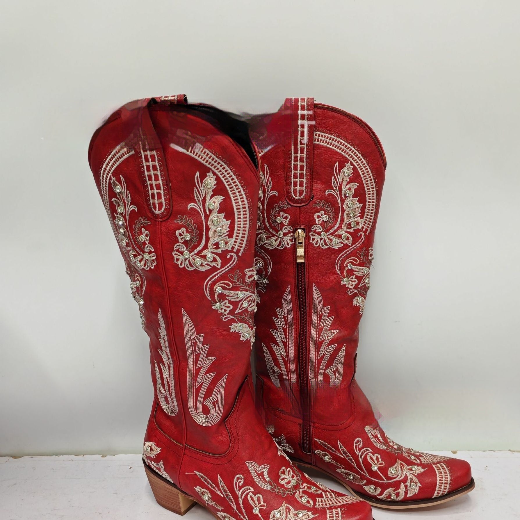 Embroidered Rhinestone Thick High Heel Side Zipper High-top Boots GlamzKart