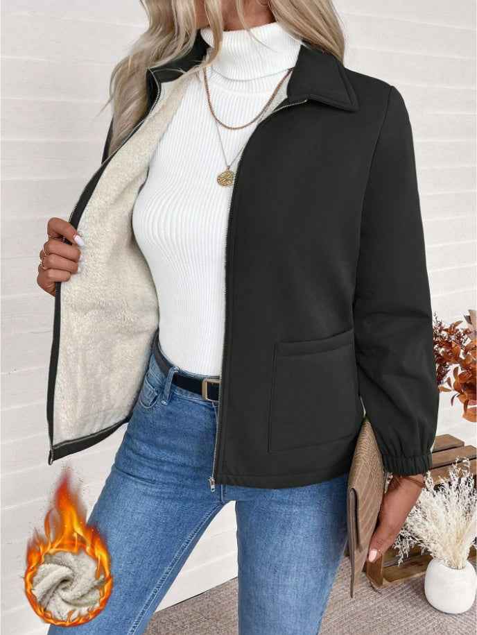 Casual Solid Color Zipper Fleece Jacket, Autumn Winter