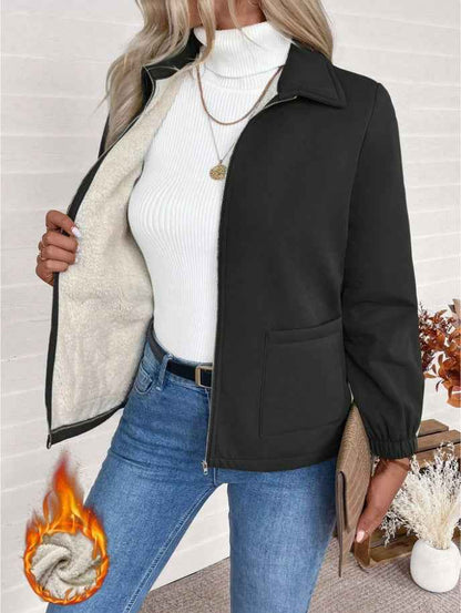 Casual Solid Color Zipper Fleece Jacket, Autumn Winter