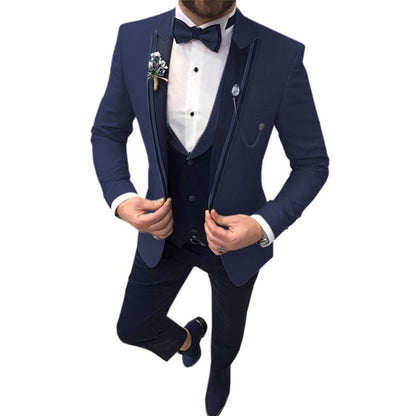 Men's Color Matching Business Casual Suit Three-piece Set Navy Blue GlamzKart