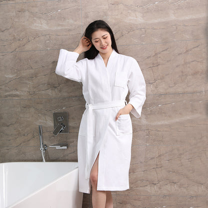 Cotton Waffle Bathrobe Water-absorbing Quick-drying Nightgown White GlamzKart