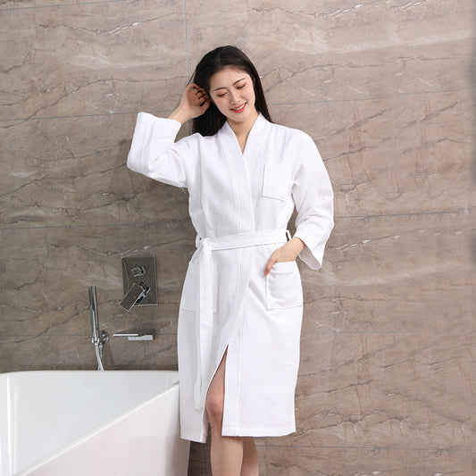 Cotton Waffle Bathrobe Water-absorbing Quick-drying Nightgown White GlamzKart