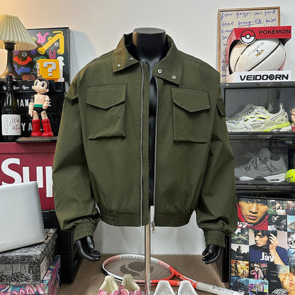 Men's Stand Collar Flight Jacket Short Coat Men's Clothing Tooling Zip-up Shirt Green GlamzKart