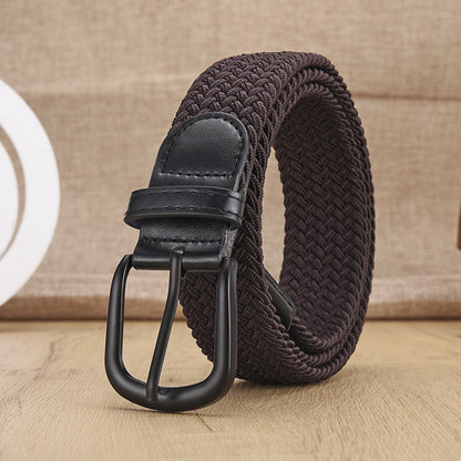 New Men's And Women's Woven Belt Elastic Stretch Punch-free Black Buttons Brown GlamzKart