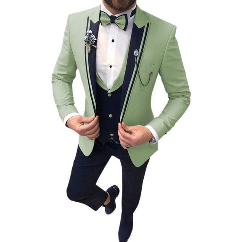 Men's Color Matching Business Casual Suit Three-piece Set Tea Green GlamzKart