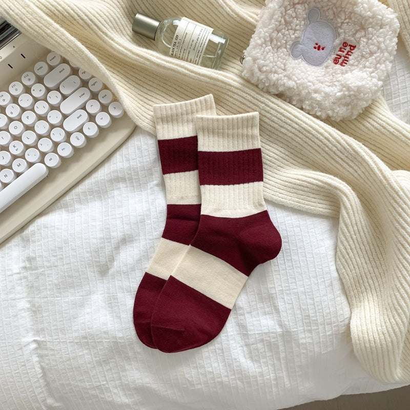 Korean Style Good-looking Sweat-absorbent Angola Red Socks Wide Stripes GlamzKart