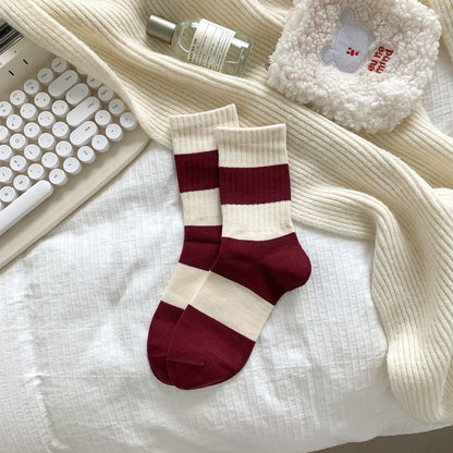 Korean Style Good-looking Sweat-absorbent Angola Red Socks Wide Stripes GlamzKart