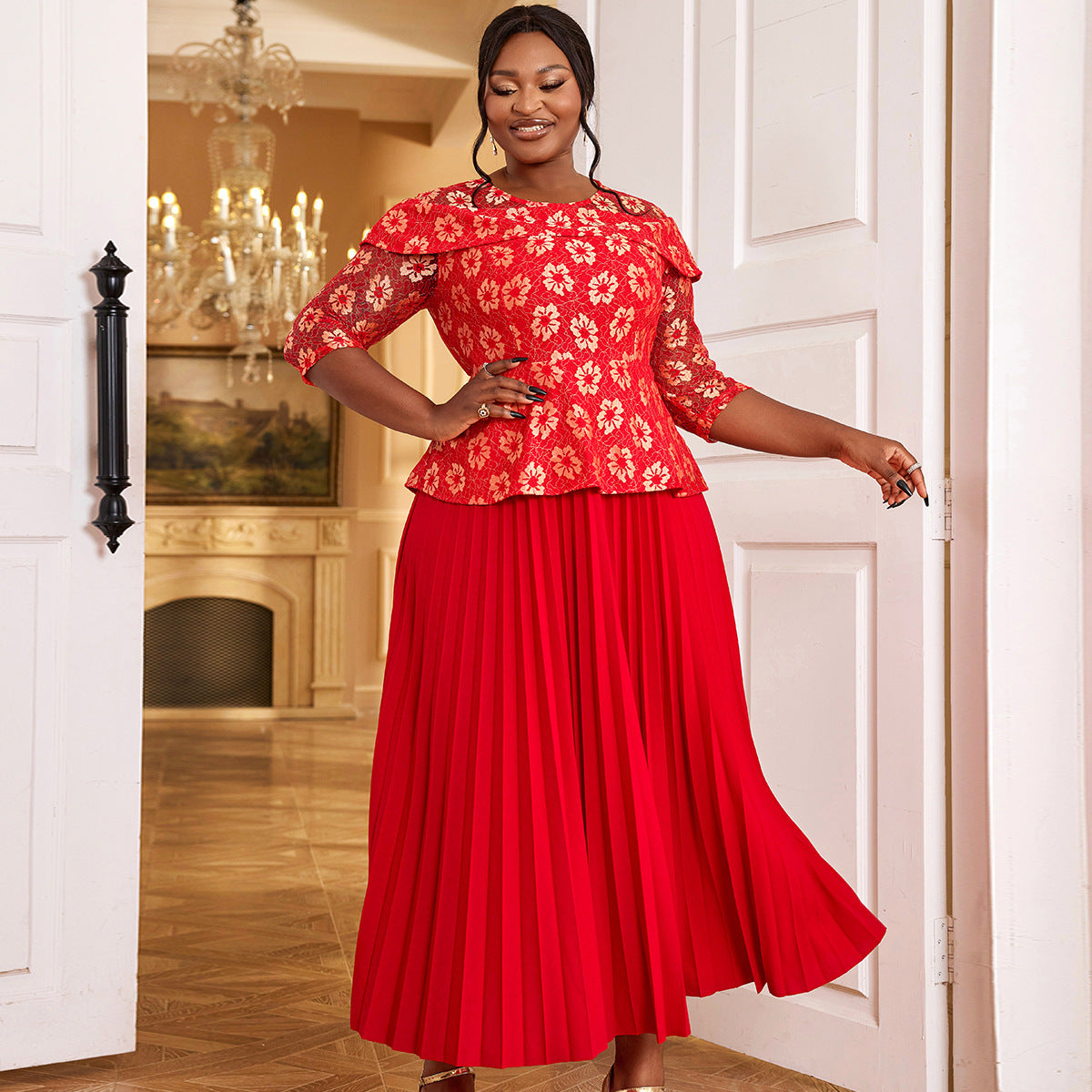 Women's Solid Color Versatile Lace Long Sleeved Pleated Skirt GlamzKart