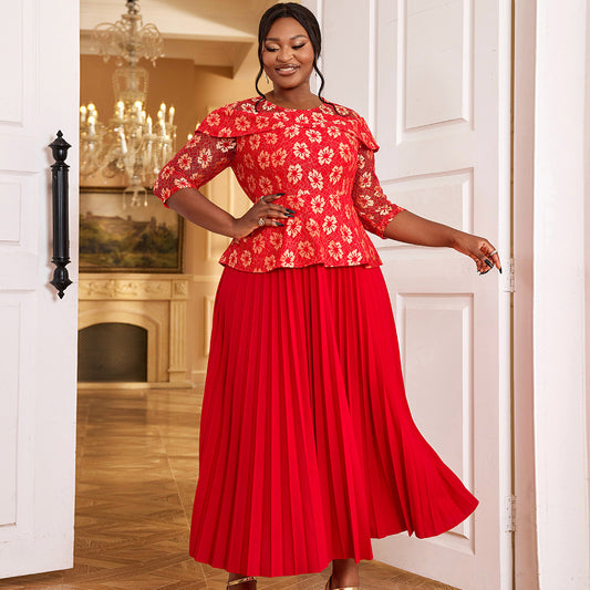 Women's Solid Color Versatile Lace Long Sleeved Pleated Skirt GlamzKart