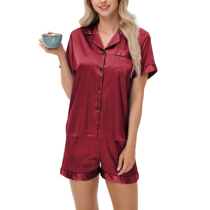 Ice Silk Women's Short Sleeve Satin Plus Size Pajamas Wine Red GlamzKart
